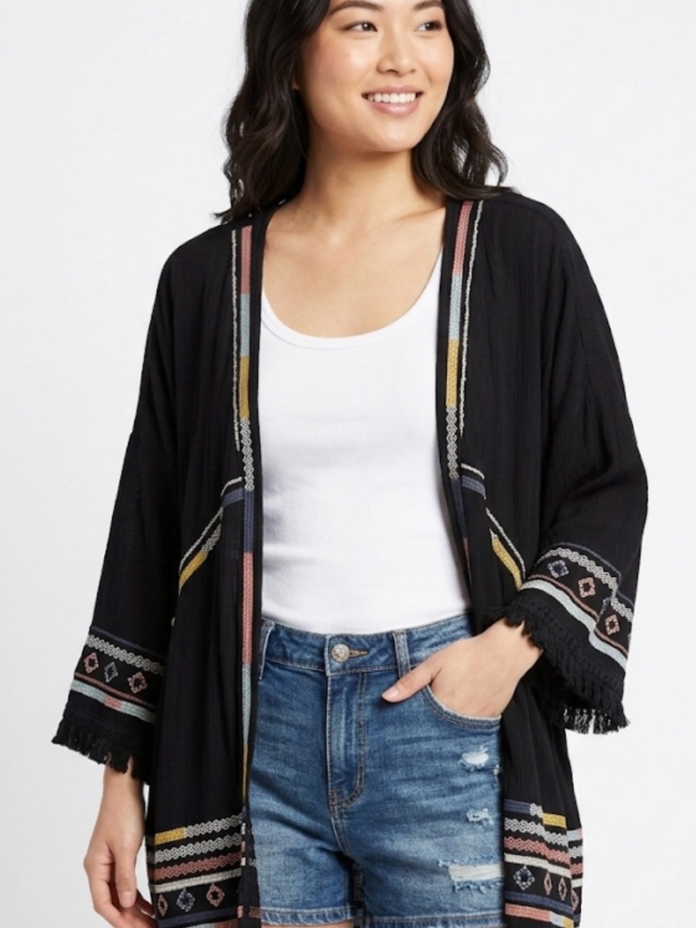 Knox Rose Black Embroidered Boho Kimono Cardigan with Fringe - Size Large
